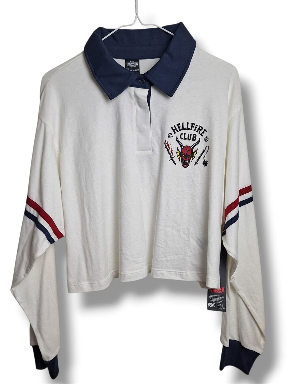 Stranger Things Womens Size L Shirt Rugby Polo Hellfire Club Long Sleeve Cropped